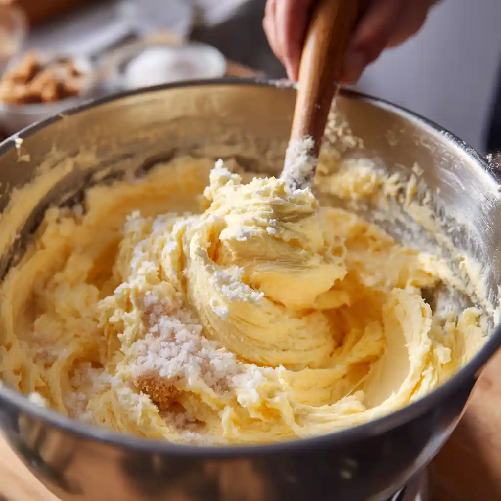 Étape 1 recette cookies moelleux Chef Benoît - technique de crémage beurre mou avec sucre blanc et sucre brun dans bol inox, mélange aéré et homogène