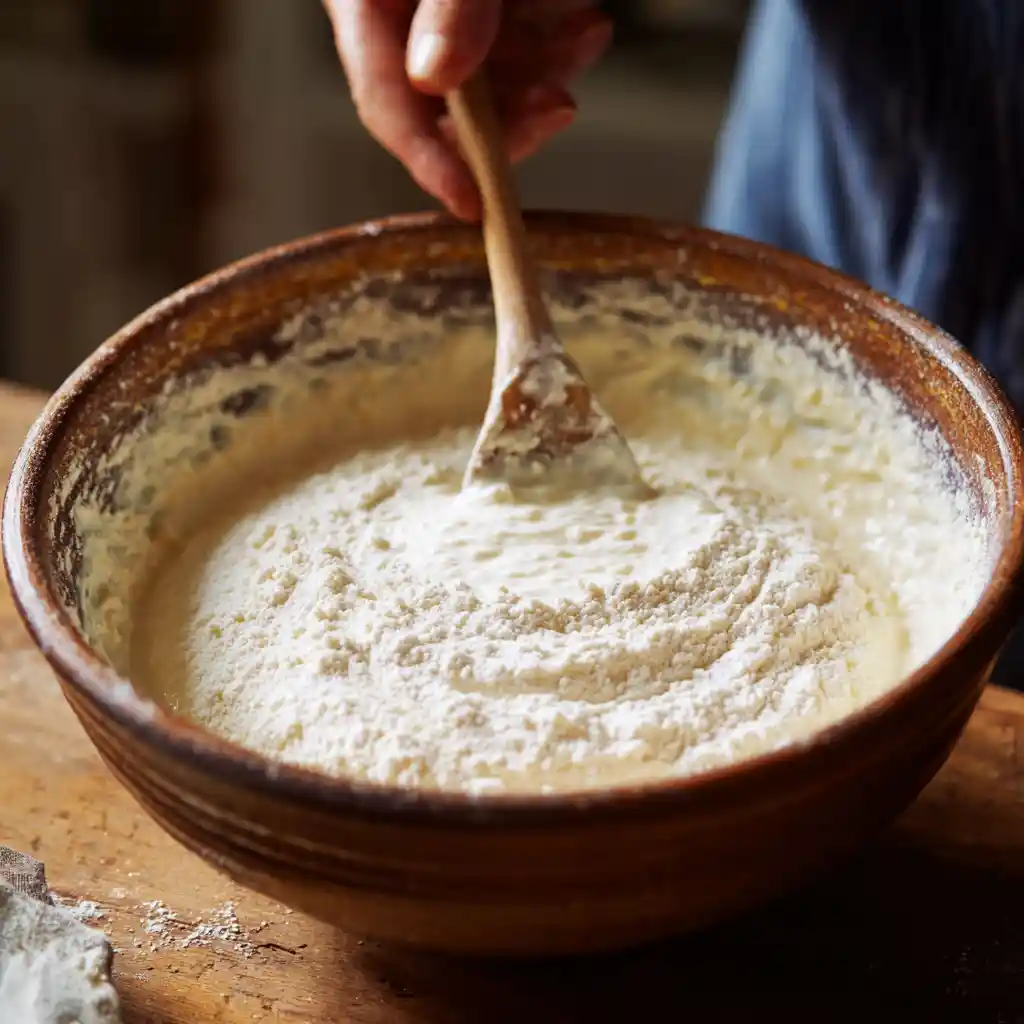 Première étape de la recette gâteau au yaourt : mélange du yaourt nature avec la farine et le sucre dans un saladier