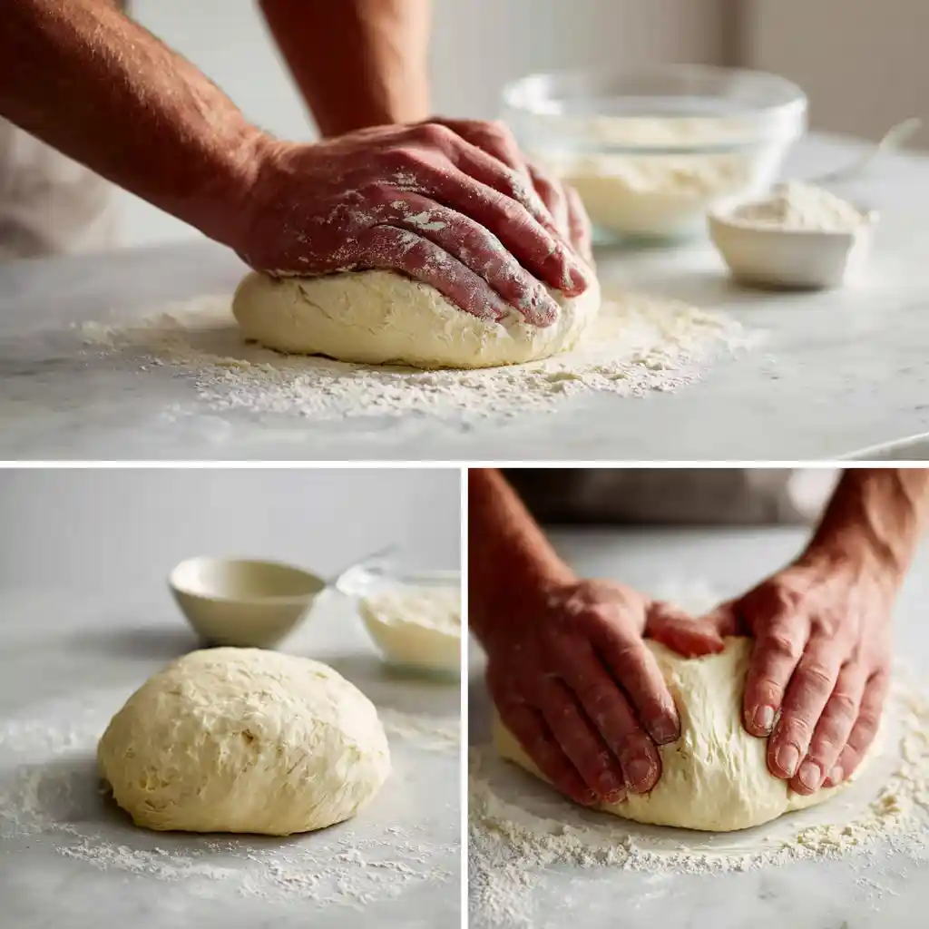 Étape 1 recette croissant : pétrissage de la pâte de base avec farine, levure délayée et lait sur plan de travail en marbre