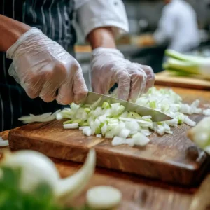 Étape 1 recette de ravioli au homard : préparation professionnelle des légumes avec découpe précise du fenouil et oignon