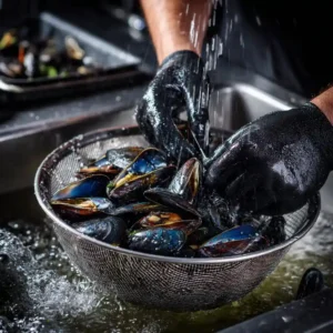 Étape 1 mouclade charentaise : nettoyage et grattage des moules de Bouchot fraîches à l'eau froide