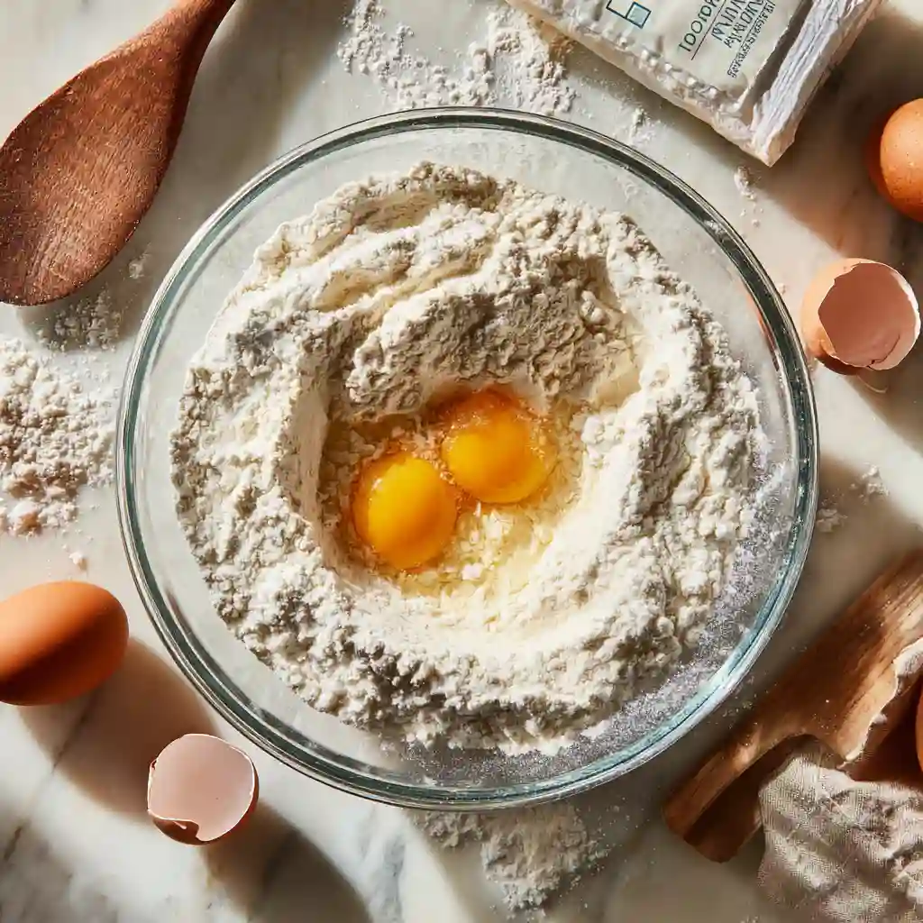 Étape 1 cake salé : mélange farine levure et œufs dans saladier, préparation pâte base