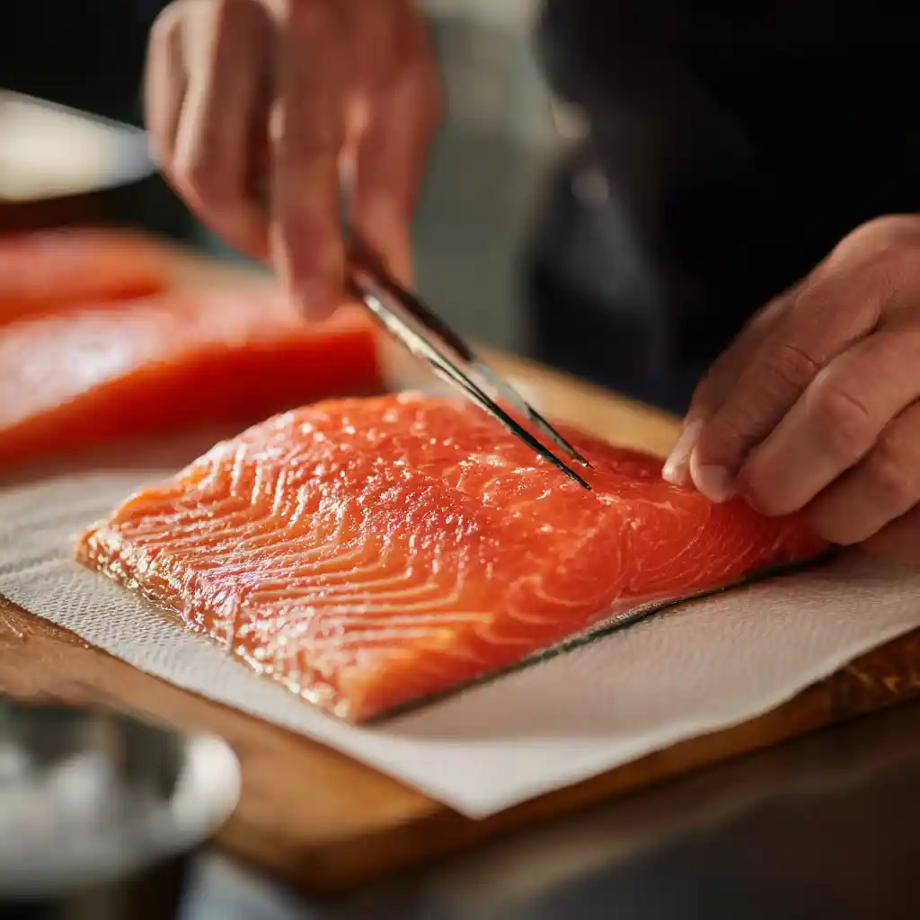 Étape 1 saumon gravlax : retrait des arêtes avec pince à épiler et séchage du saumon frais