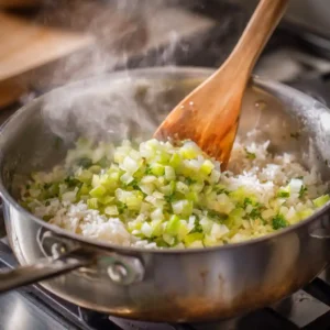 préparation du riz parfumé avec céleri et oignons dans une casserole