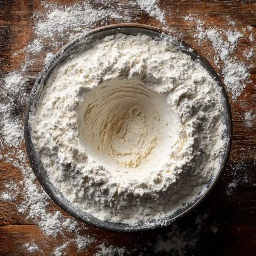 Étape 1 recette crêpe facile : formation du puits dans la farine pour technique sans grumeaux