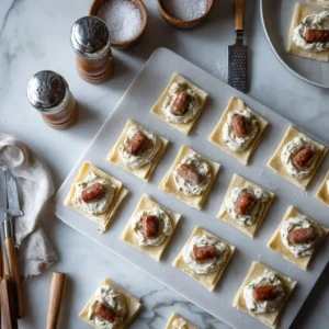Étape 4 assemblage croissants au saucisse : placement saucisse et crème fraîche sur portions de pâte brisée
