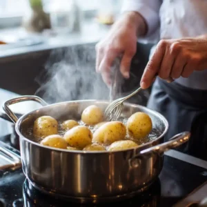 Pommes de terre Yukon Gold cuisant dans casserole d'eau bouillante salée, première étape recette purée croquante fromage Chef Benoît