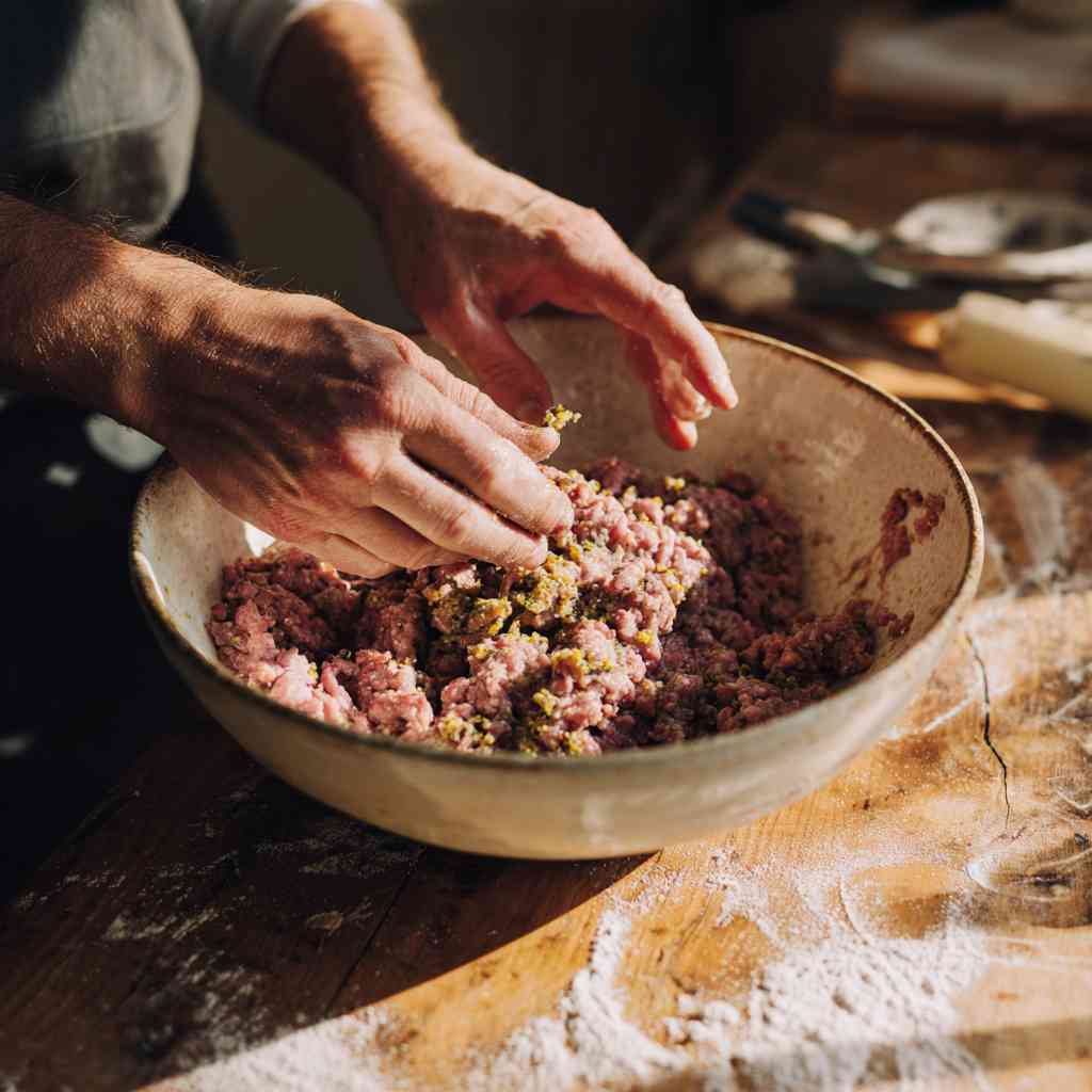 Étape 1 : malaxage des ingrédients pour steak haché à l'ancienne, technique traditionnelle à la main