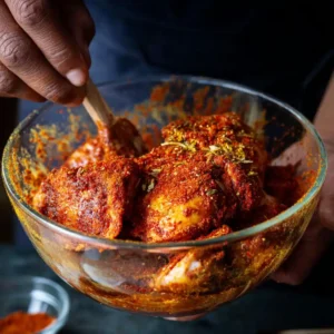 Morceaux de poulet enrobés d'épices ras-el-hanout dans un saladier pour la marinade du tajine