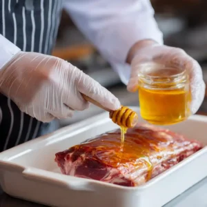 Chef appliquant généreusement le miel sur l'épaule d'agneau crue avant cuisson au four