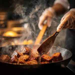 Étape de saisie du bœuf dans une poêle chaude pour développer les saveurs du bœuf mijoté