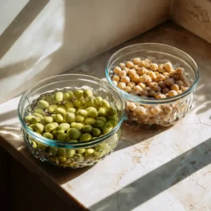 Première étape de la recette des falafels : trempage des pois chiches et fèves pendant 12 heures