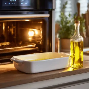 Four préchauffé à 180°C et plat à gratin en céramique généreusement huilé à l'huile d'olive extra-vierge, prêt pour la cuisson
