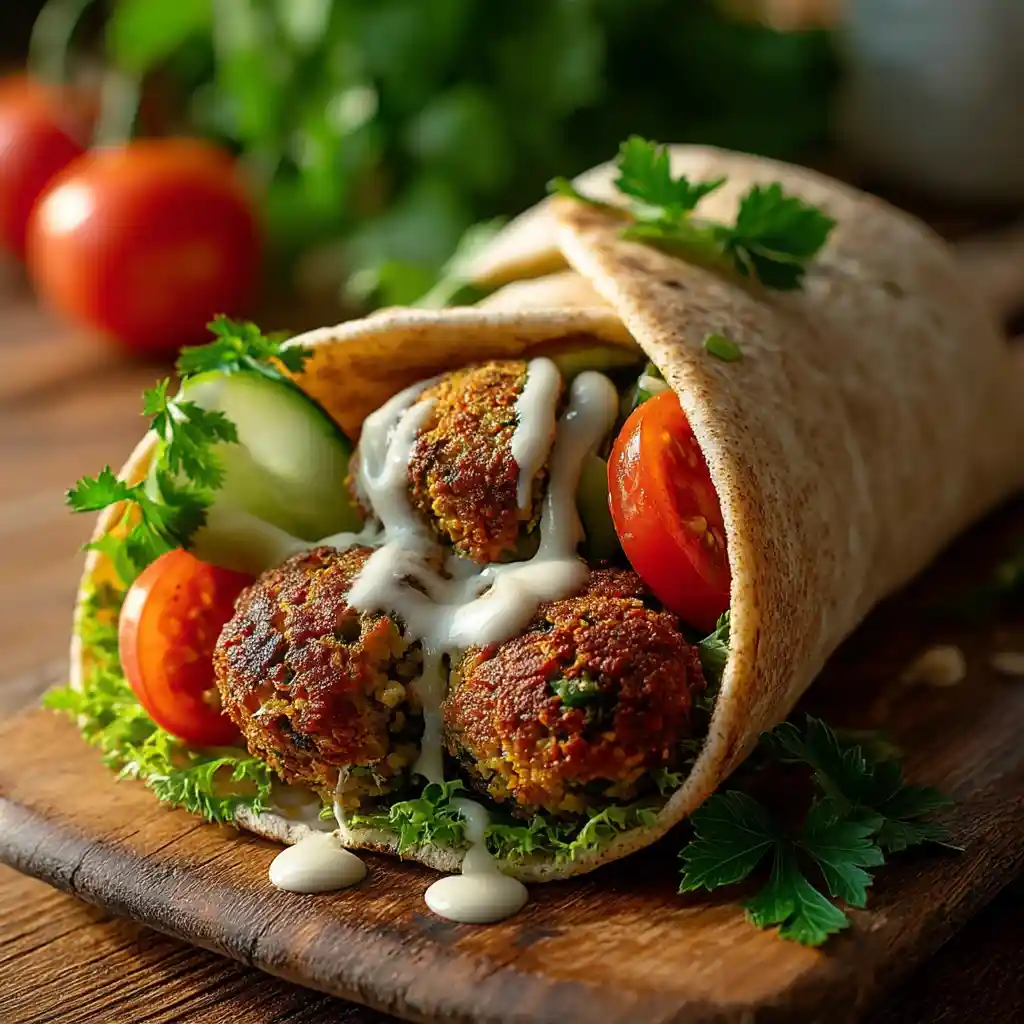 Falafels servis en wrap pita avec crudités selon la recette des falafels du Chef Benoît