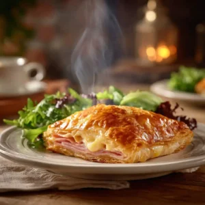 Délicieux feuilleté au jambon et fromage fait maison, pâte dorée et garniture fondante visible
