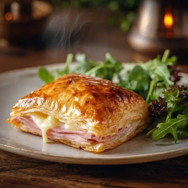 Feuilleté au jambon doré et croustillant de Chef Benoît sur assiette blanche avec salade verte