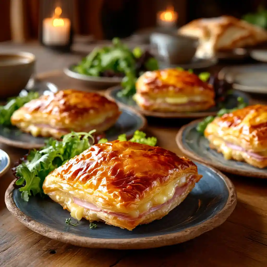 Feuilletés au jambon servis sur table familiale avec couverts et accompagnements