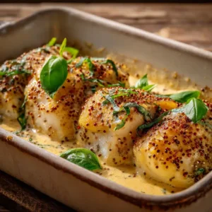 Délicieux filet de cabillaud cuit au four nappé de sauce moutarde crémeuse, garni de basilic frais
