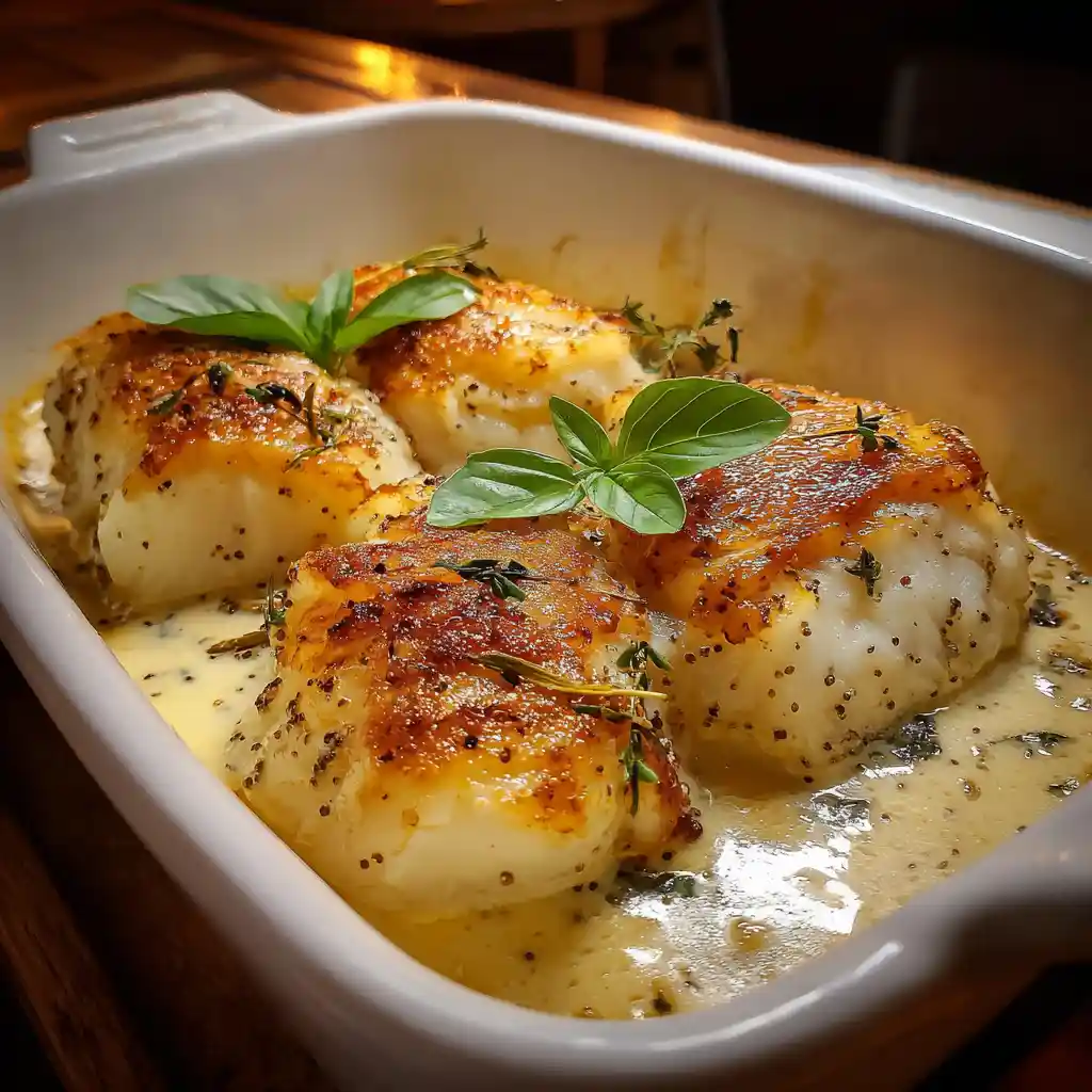 Filet de cabillaud au four avec sauce crémeuse à la moutarde, herbes fraîches, servi dans un plat à gratin blanc