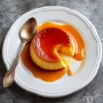 Flan au caramel maison doré parfait sur assiette blanche avec caramel coulant