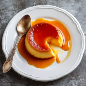 Flan au caramel maison doré parfait sur assiette blanche avec caramel coulant
