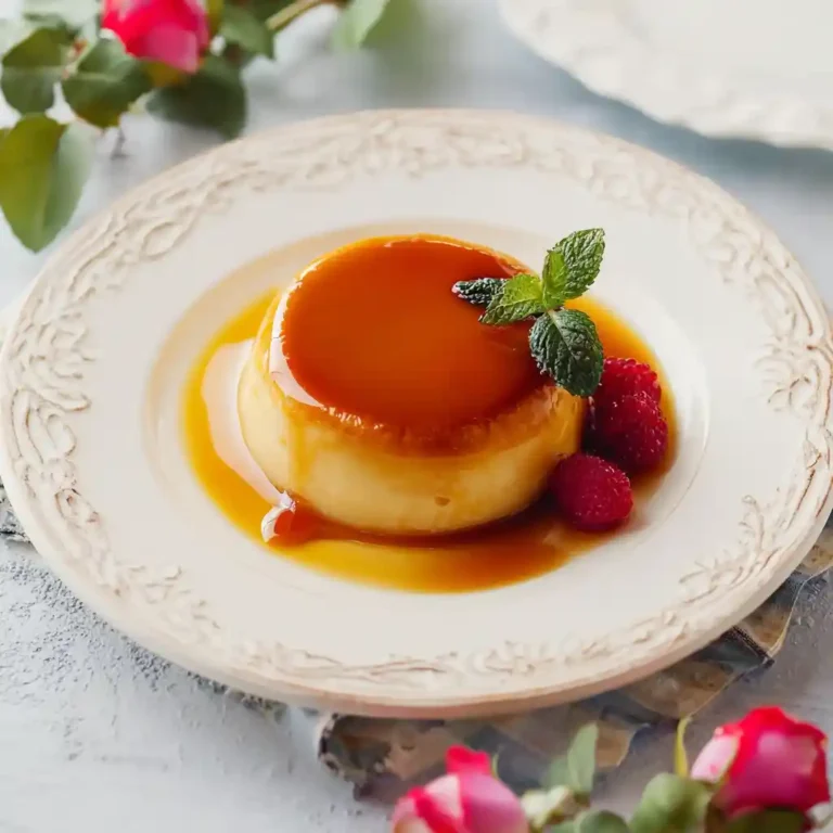 Flan au caramel maison doré parfait sur assiette blanche avec caramel coulant
