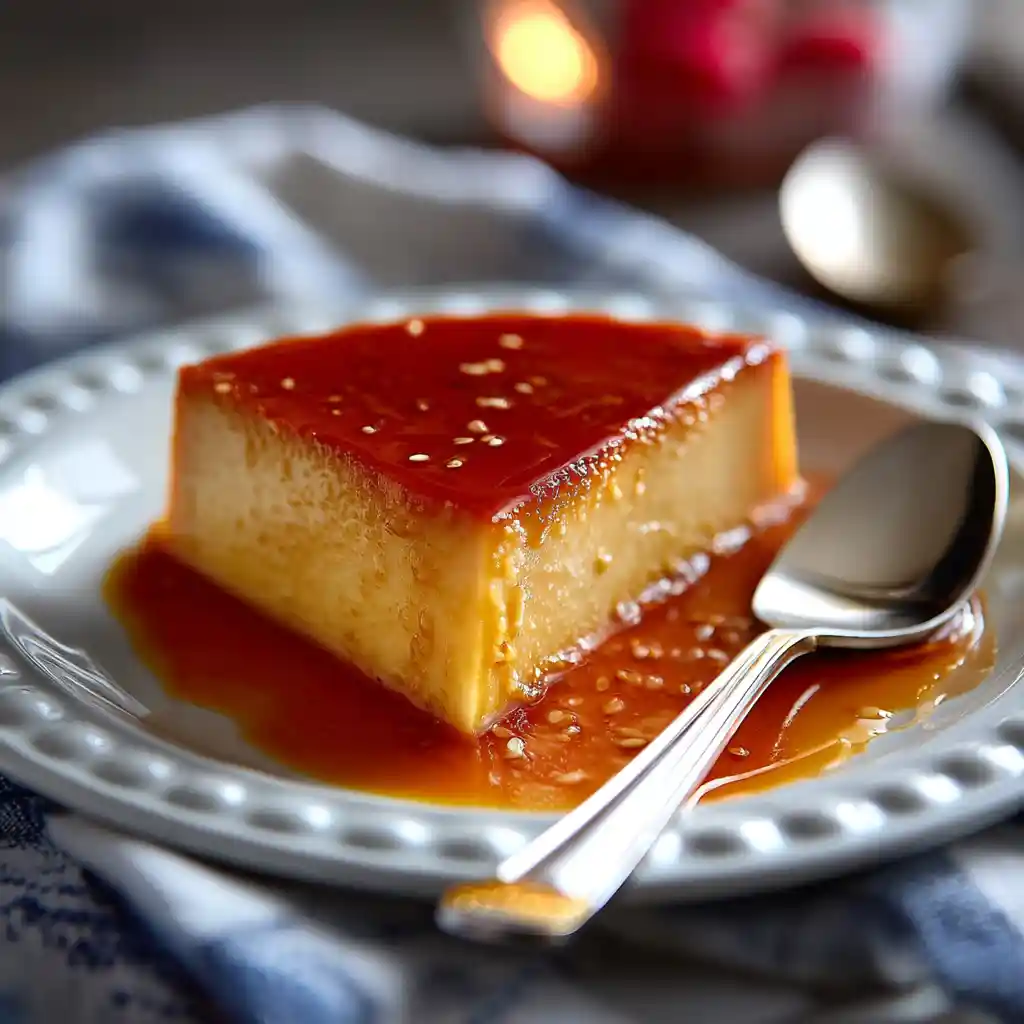 Portion de flan au caramel servie avec cuillère et caramel coulant