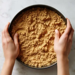 Préparation du fond de pâte aux spéculoos dans un moule à charnière pour cheesecake