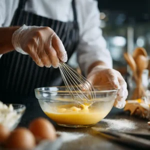 Fouettage des jaunes d'œufs avec le sucre pour tiramisu à la fraise, mélange mousseux faisant un ruban