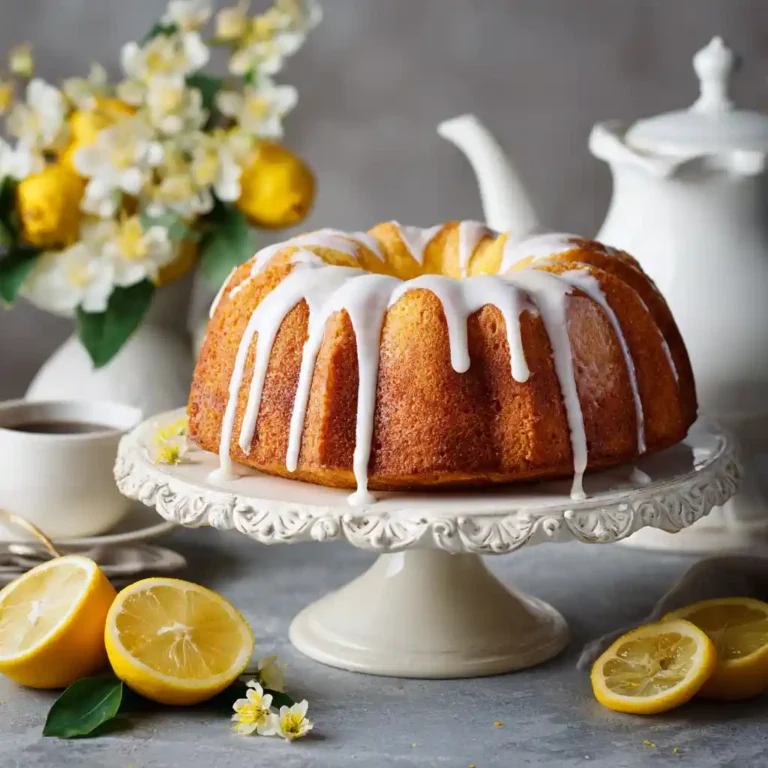 Gâteau au citron moelleux doré avec glaçage blanc sur présentoir, recette traditionnelle du Chef Benoît