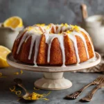 Gâteau au citron moelleux doré avec glaçage blanc citronné, recette traditionnelle du Chef Benoît, présenté sur présentoir élégant
