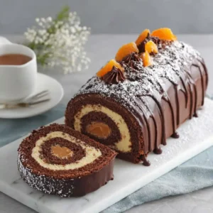 Gâteau roulé au chocolat et beurre de cacahuète du Chef Benoît, nappé de ganache brillante et saupoudré de sucre glace sur fond blanc