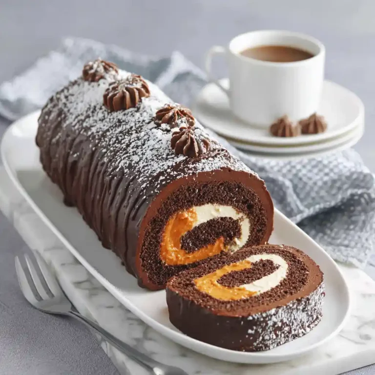 Gâteau roulé au chocolat et beurre de cacahuète du Chef Benoît, nappé de ganache brillante et saupoudré de sucre glace