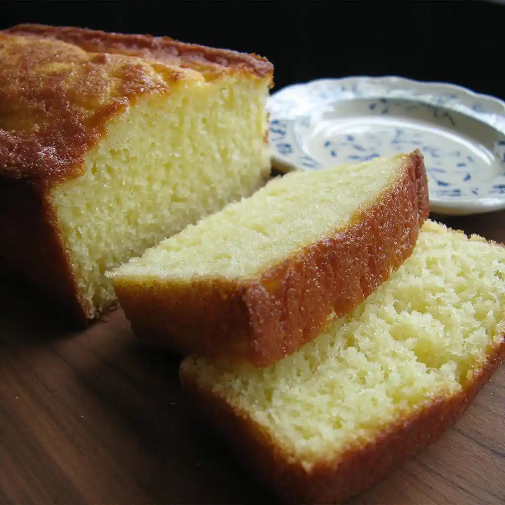 Gâteau au yaourt moelleux et doré préparé selon la recette de Chef Benoît, coupé en parts sur une assiette vintage