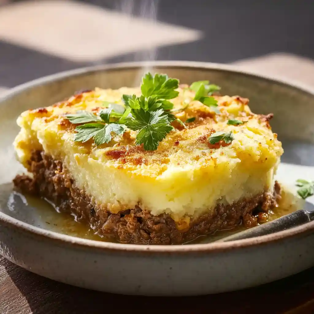 Hachis parmentier doré au four avec purée crémeuse et viande hachée, recette du Chef Benoît