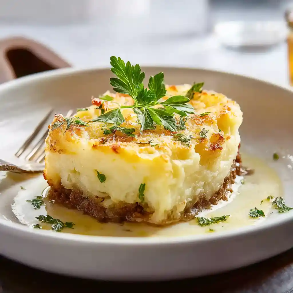 Portion de hachis parmentier servie dans assiette blanche, présentation restaurant, recette Chef Benoît