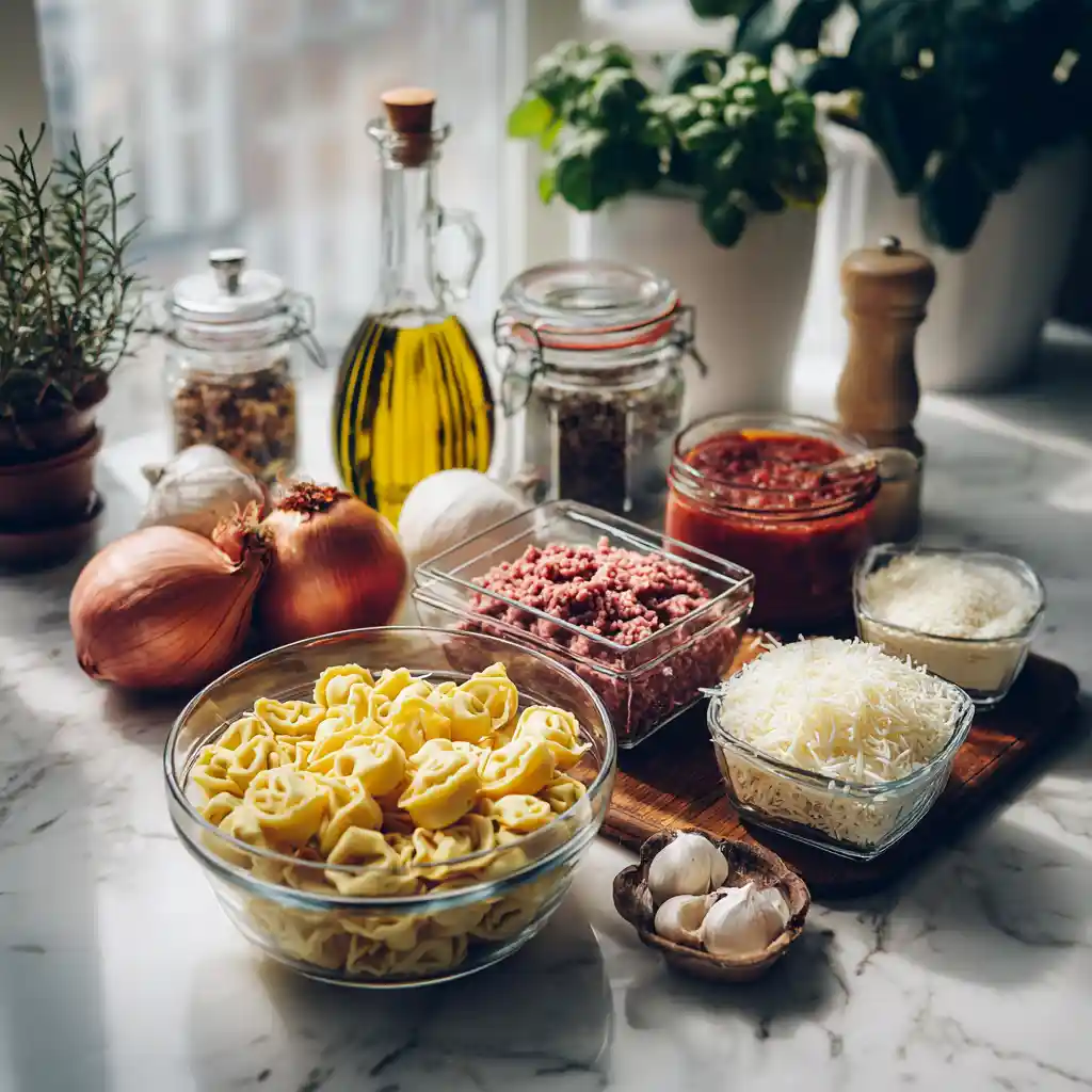 Tous les ingrédients pour la casserole de tortellinis disposés sur un plan de travail : tortellinis, viande hachée, fromage, sauce tomate et épices