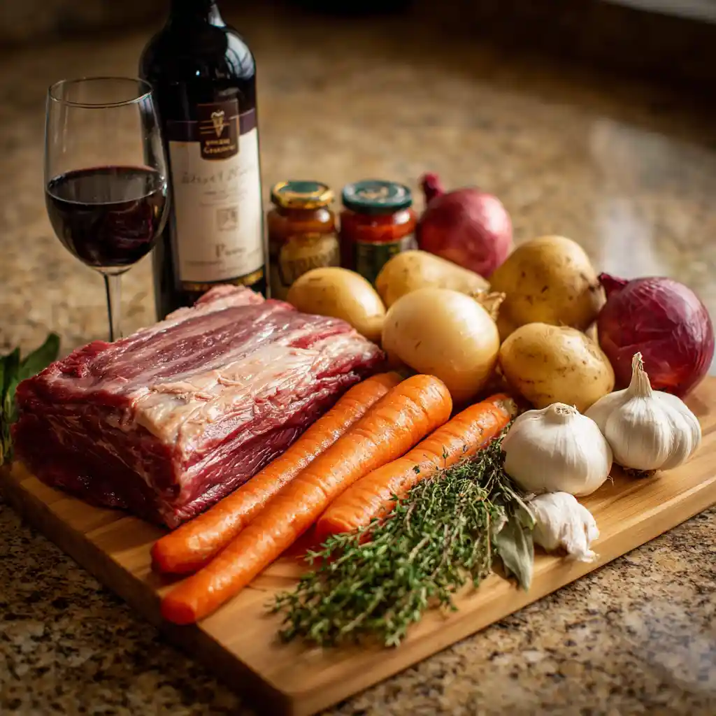 Ingrédients frais pour poitrine de bœuf braisée : morceau de viande crue, carottes, pommes de terre, navets, oignons, ail et herbes aromatiques disposés sur plan de travail