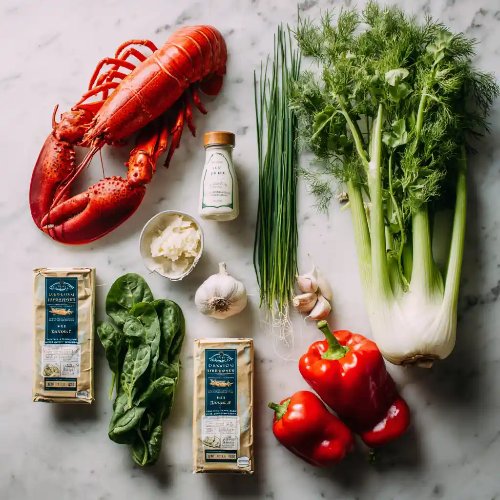 Ingrédients frais pour recette de ravioli au homard : pâtes homard, fenouil, épinards, crème, poivrons rôtis et ciboulette