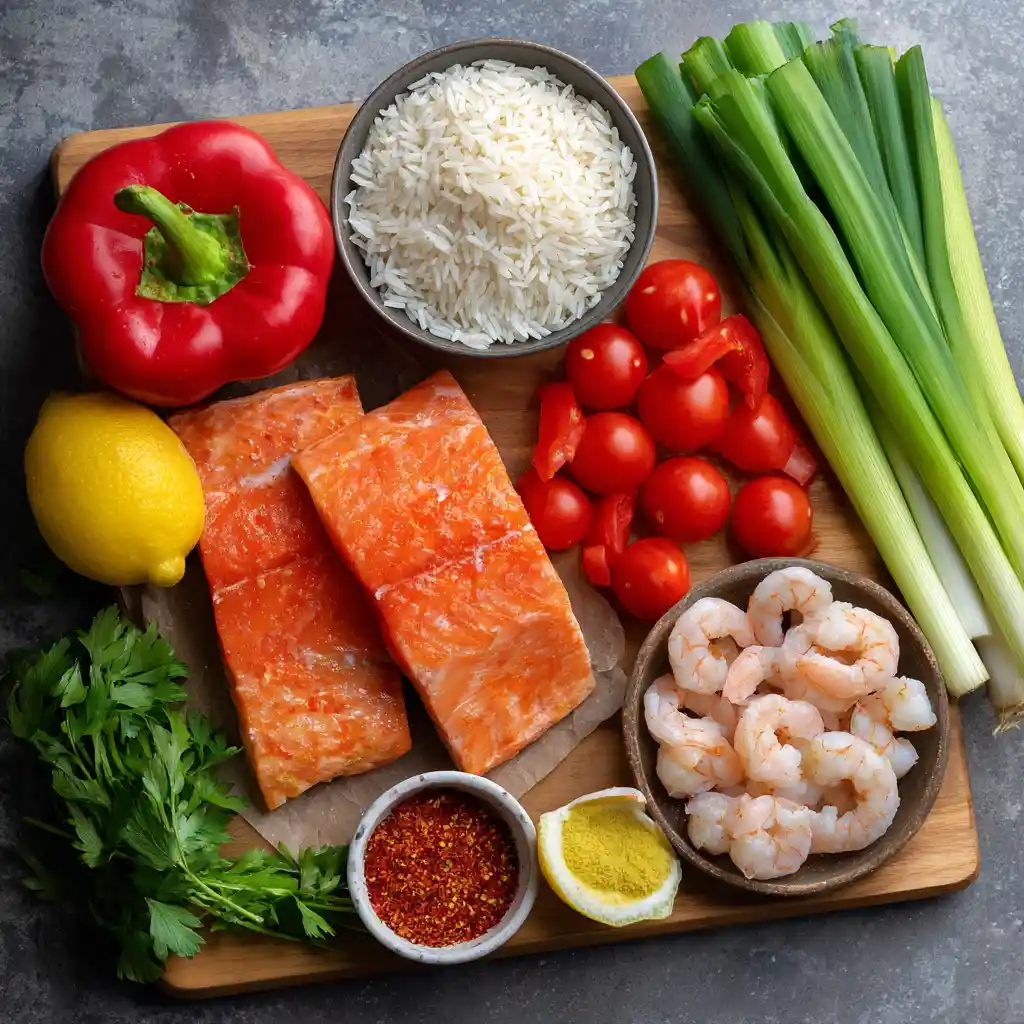 Ingrédients frais pour la recette de saumon et crevettes cajun : filets de saumon, crevettes, épices cajun, légumes