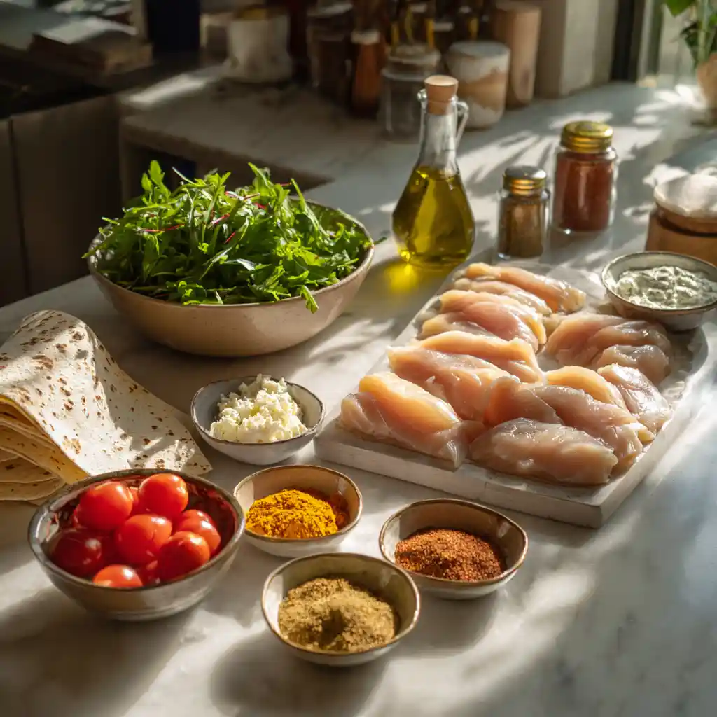 Ingrédients frais pour wrap au poulet : escalopes de poulet, épices curcuma et paprika, légumes frais, fromages et galettes de blé