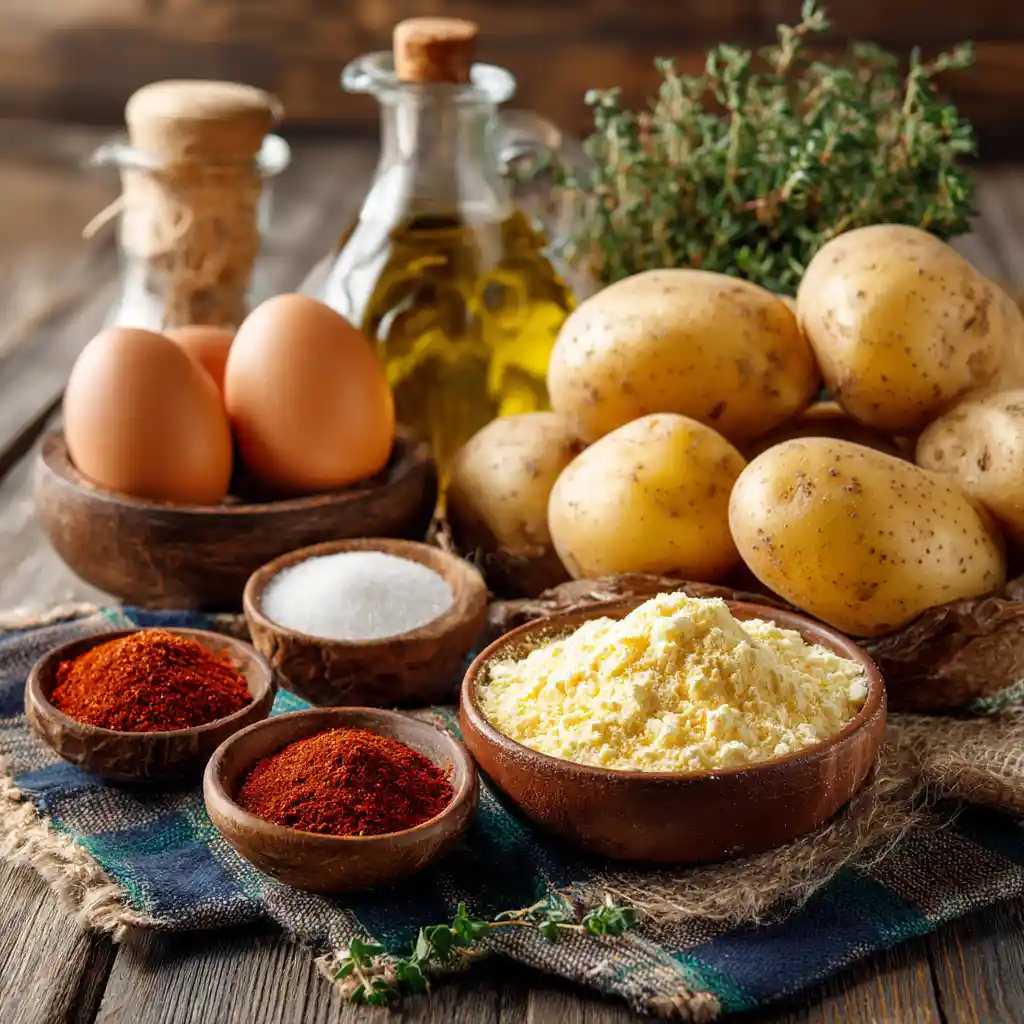Ingrédients nécessaires pour préparer des batonnet de pomme de terre : pommes de terre, farine de maïs, épices méditerranéennes et huile d'olive