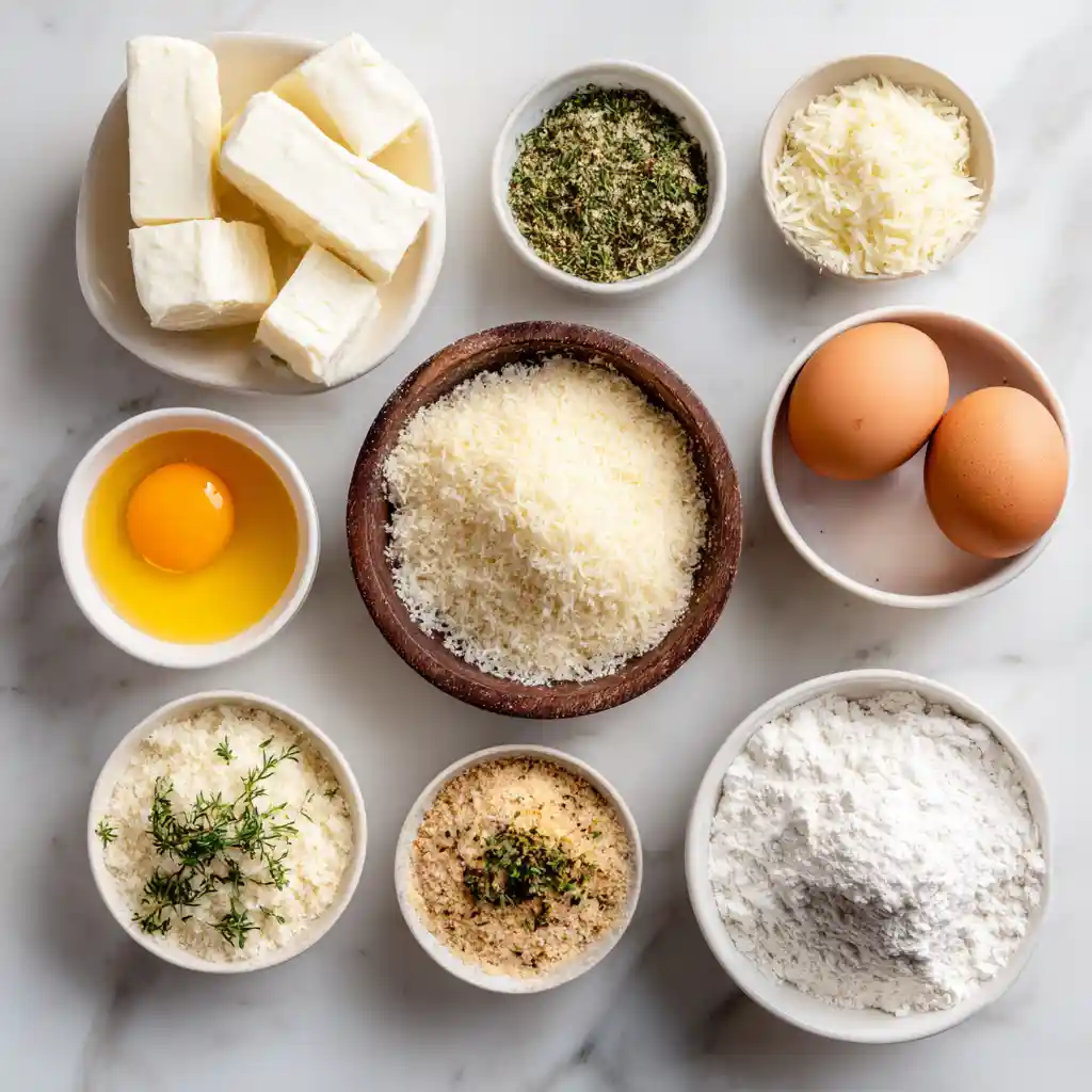 Ingrédients pour bâtonnets de mozzarella : mozzarella fraîche, chapelure, herbes de Provence, parmesan râpé, œuf et farine disposés sur plan de travail