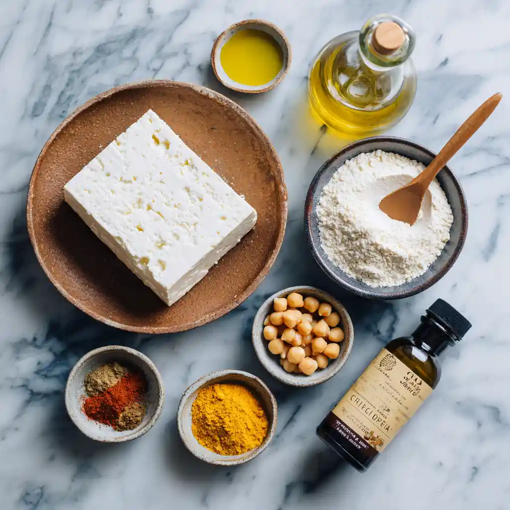 Ingrédients pour beignets de feta : feta grecque, farine de pois chiches, épices curry cumin curcuma