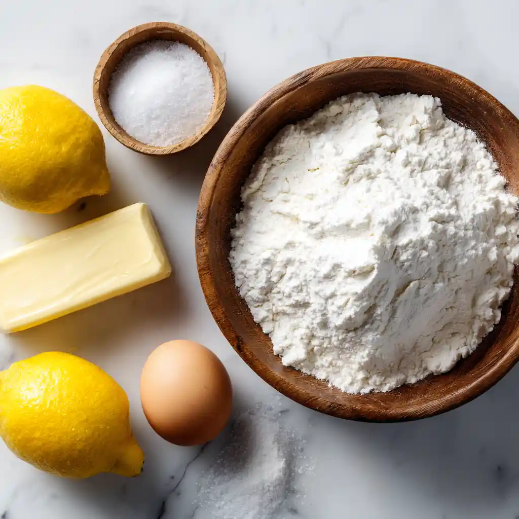 Ingrédients pour biscuits sablés disposés sur marbre : farine, beurre, sucre glace, œuf, citron bio