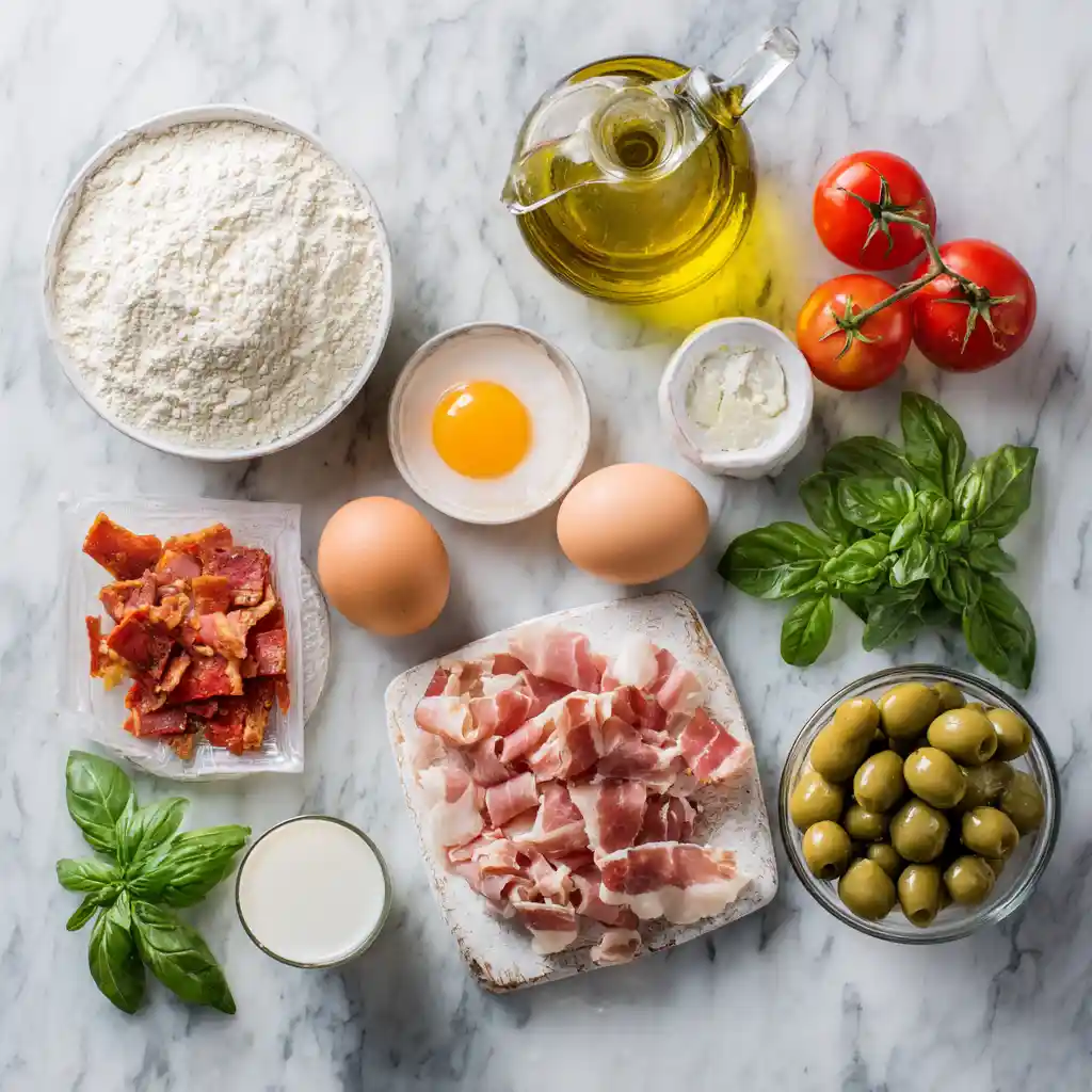 Tous les ingrédients cake salé disposés : farine, œufs, lardons, jambon, olives, tomates, huile olive
