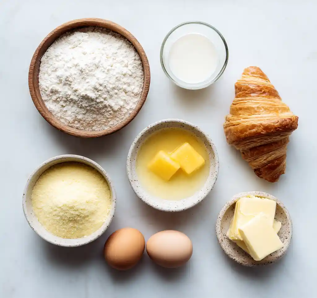Ingrédients pour croissants maison : farine type 45, beurre tendre, levure fraîche, lait et œuf disposés sur plan de travail