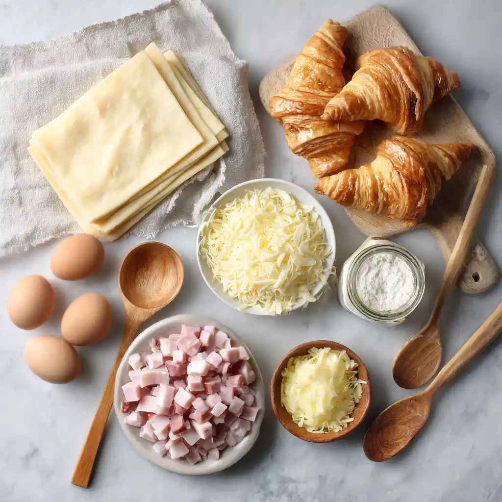 Ingrédients pour croissants au jambon : pâte feuilletée, jambon, poulet, gruyère râpé, œuf, moutarde disposés sur plan de travail