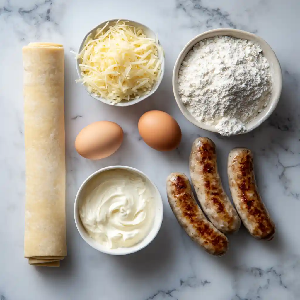 Ingrédients pour croissants au saucisse : pâte brisée, knackis, crème fraîche, gruyère et œuf