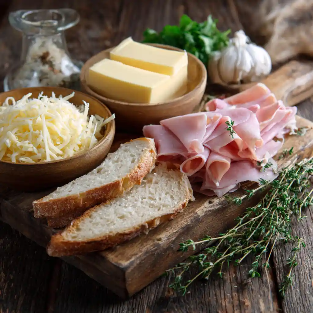 Ingrédients frais pour croque-monsieur : pain de mie, jambon blanc, gruyère râpé, beurre, disposés sur plan de travail en bois